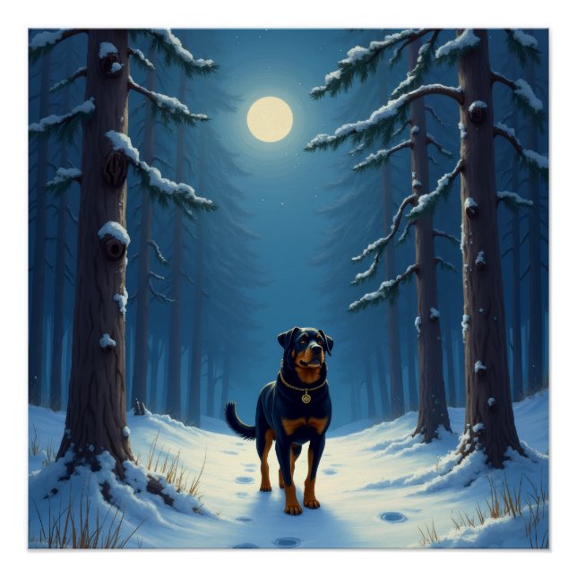 Poster Peinture de Noël Rottweiler Randonnée Forêt Étoilé (Devant)