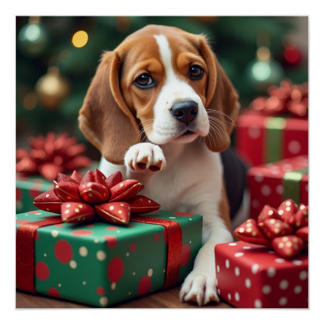 Poster Peinture de Noël : un Beagle emballant des cadeaux (Devant)