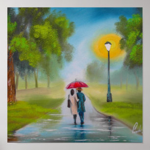 POSTER PEINTURE DE PARAPLUIE DE COUPLES DE JOUR PLUVIEUX