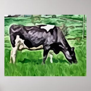 Poster Peinture de pâturage de vache noire et blanche.