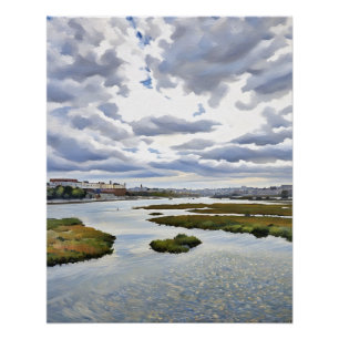 Poster Peinture de paysage sereine avec ciel dramatique