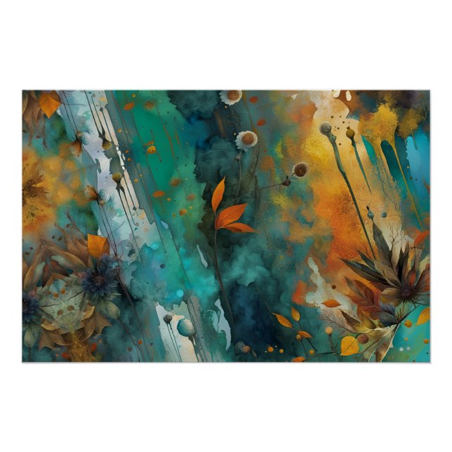Poster Peinture de récolte d'automne Turquoise Rouille Or (Devant)
