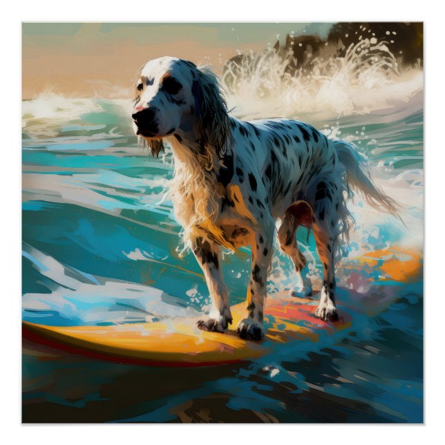 Poster Peinture de Surf sur la Plage avec Setter Anglais (Devant)