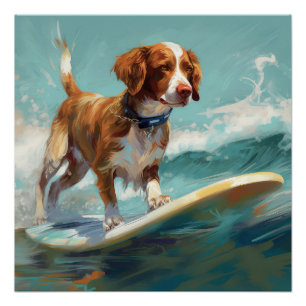 Poster Peinture de surf sur la plage avec un épagneul bre
