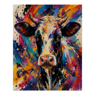 Poster Peinture de vache abstraite colorée avec des papil