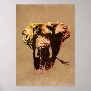 Poster Peinture d'encre Eléphant Pop Art Brown