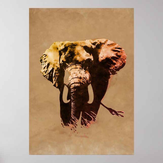 Poster Peinture d'encre Eléphant Pop Art Brown (Devant)