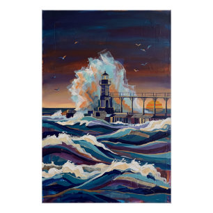 Poster Peinture dramatique d'un phare dans un océan orage