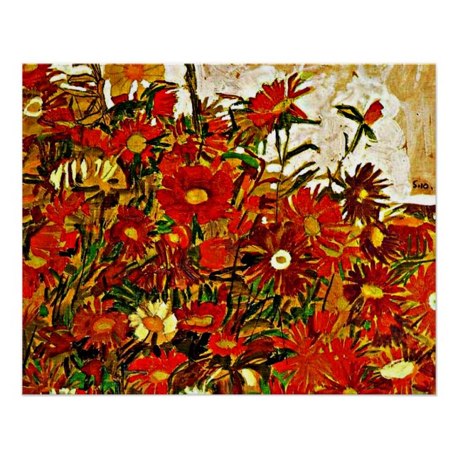 Poster Peinture Egon Schiele, Champ de fleurs (Devant)