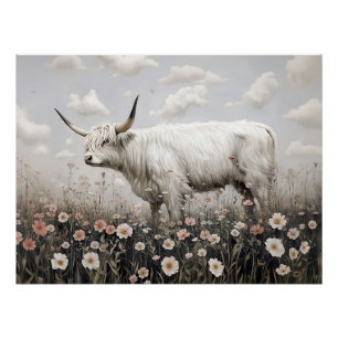 Poster Peinture Fleur sauvage rose de vache blanche Highl
