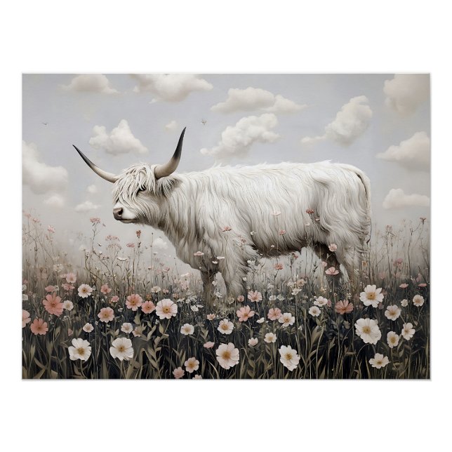 Poster Peinture Fleur sauvage rose de vache blanche Highl (Devant)
