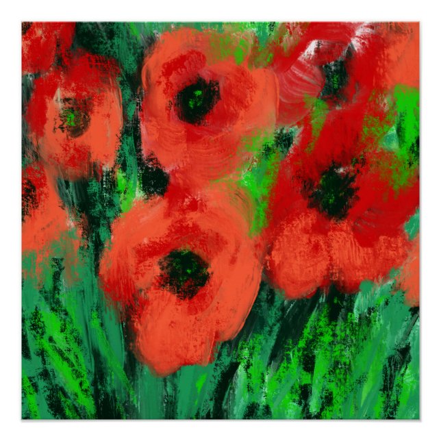 Poster Peinture florale de coquelicots rouges abstraits (Devant)