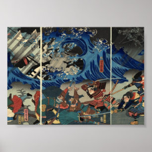 Poster Peinture japonaise ancienne de Samurai et Mongols