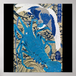 Poster Peinture japonaise du homard et des oiseaux c. Jap