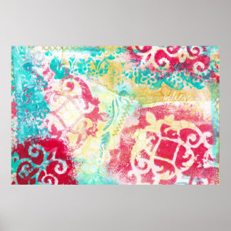 Poster Peinture multimédia mixte Turquoise et Scarlet ave