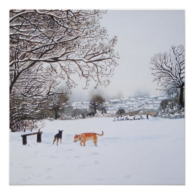Poster peinture paysage de neige avec chiens (Devant)