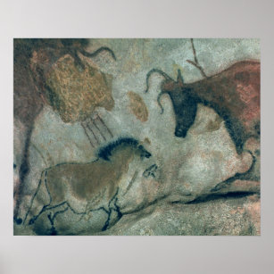 Poster Peinture rocheuse montrant un cheval et une vache,