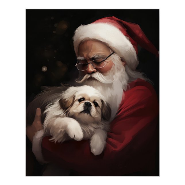 Poster Pekingese avec le Père Noël Festif Noël (Devant)
