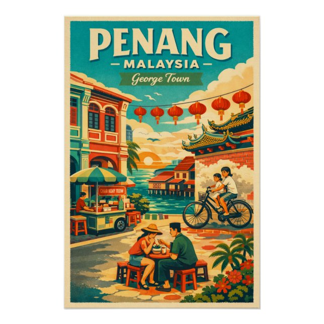 Poster Penang, Malaisie, dans un voyage rétro vibrant (Devant)