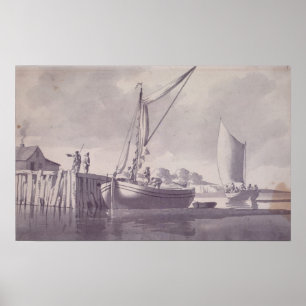 Poster Péniches de navigation approchant un quai