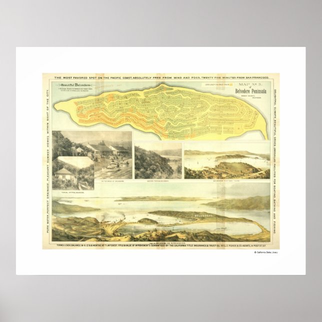 Poster Péninsule du Belvedere, Comté de Marin, vers 1890. (Devant)
