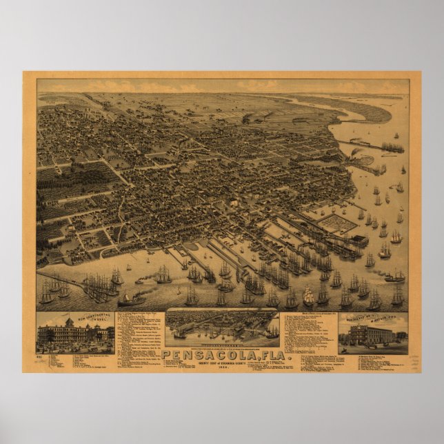 Poster Pensacola Floride 1885 Carte panoramique (Devant)