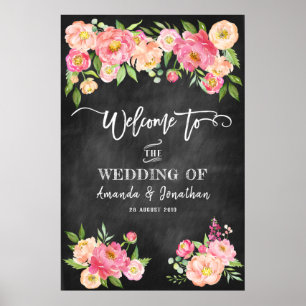 Poster Peony Flowers Chalkboard Bienvenue À Notre Mariage