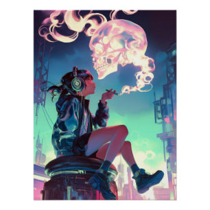 Poster Perdu dans la pluie de Neon   Cyberpunk Anime Girl