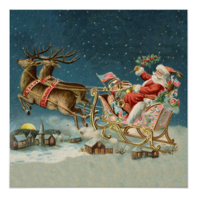 Poster Père Noël Antique Sleigh Reindeer (Devant)