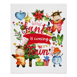Poster Père Noël arrive en ville - Vaches mignonnes fête