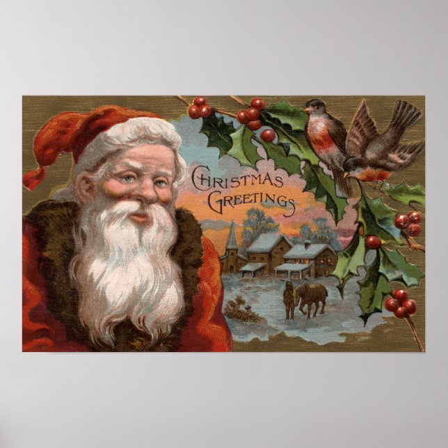 Poster Père Noël avec Holly, scène de village (Devant)