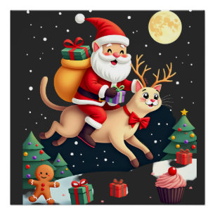 Poster Père Noël chevauchant un chat siamois au pied de l