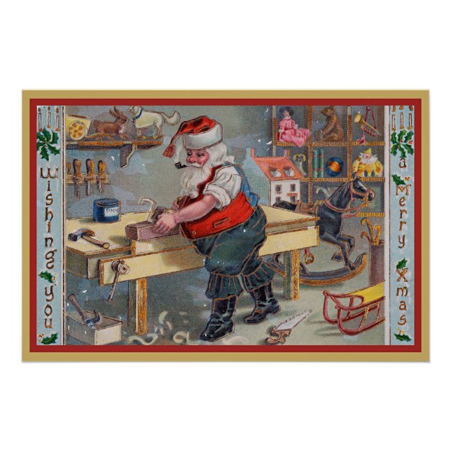 Poster Père Noël dans son atelier, Joyeux Noël, (Devant)