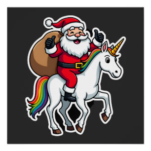 Poster Père Noël de Noël à cheval sur une licorne - Fille