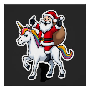 Poster Père Noël de Noël chevauchant une licorne - Filles