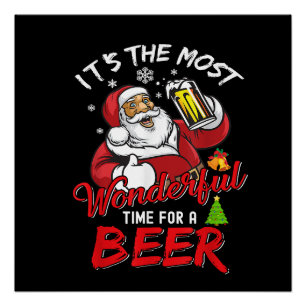 Poster Père Noël de Noël drôle buvant de la bière merveil