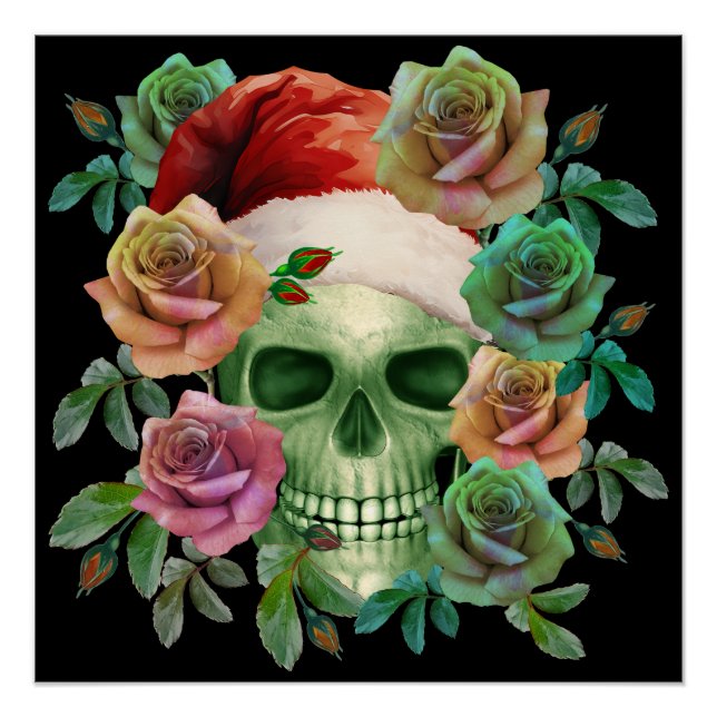 POSTER PÈRE NOËL DRÔLE CRÂNE VERT ET FLORAL NOËL  (Devant)