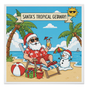 Poster Père Noël et Snowman à la plage