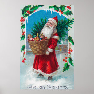 Poster Père Noël Holding Panier de jouets Scène
