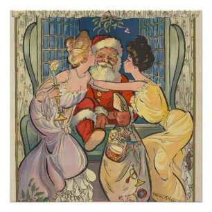 Poster Père Noël Kissing Vintage Christmas Card