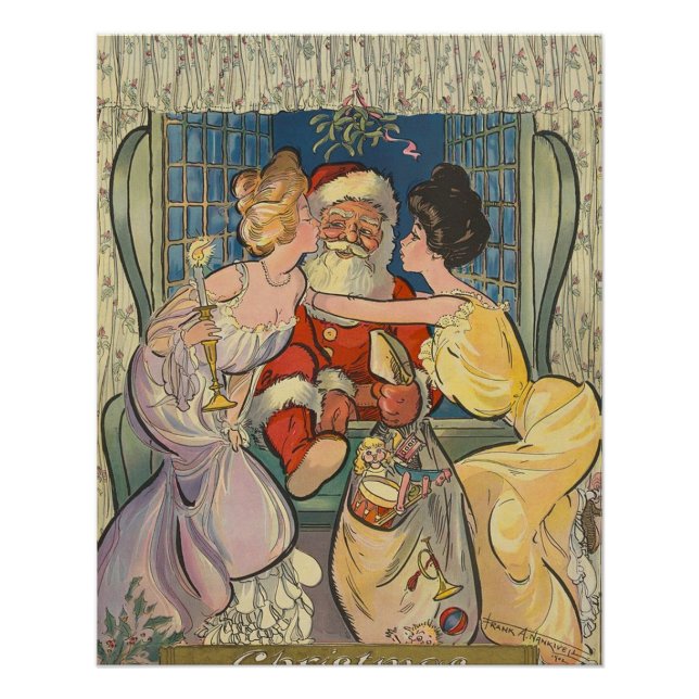 Poster Père Noël Kissing Vintage Christmas Card (Devant)