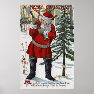 Poster Père Noël réduisant l'arbre de Noël