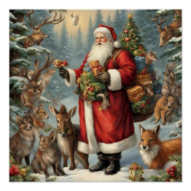 Poster Père Noël victorienne avec animaux présents et for (Devant)