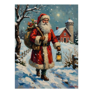 Poster Père Noël vintage sur le chemin enneigé de la ferm