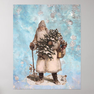 Poster Père vintage Noël Père Noël Silver Neige Tombant