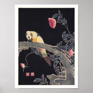 Poster Perroquet sur la branche, Flower Rose Bush, Jakuch