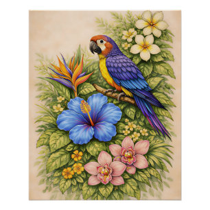 Poster Perroquet Tropical Coloré Macaw Botanique Floral