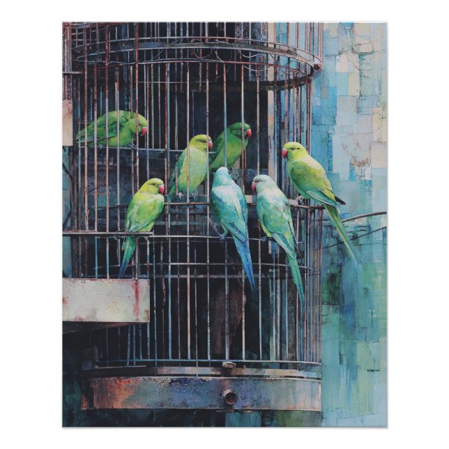 Poster Perroquets Bleus Verts Tropicaux Art de Cage Rusti (Devant)