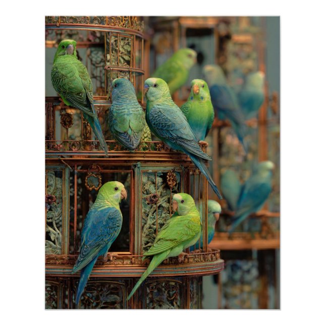 Poster Perroquets Bleus Verts Vibrants Art de Perchoir Ex (Devant)