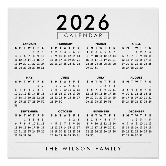 Poster Personalized Family Name Wall Calendar 2026 (Devant)